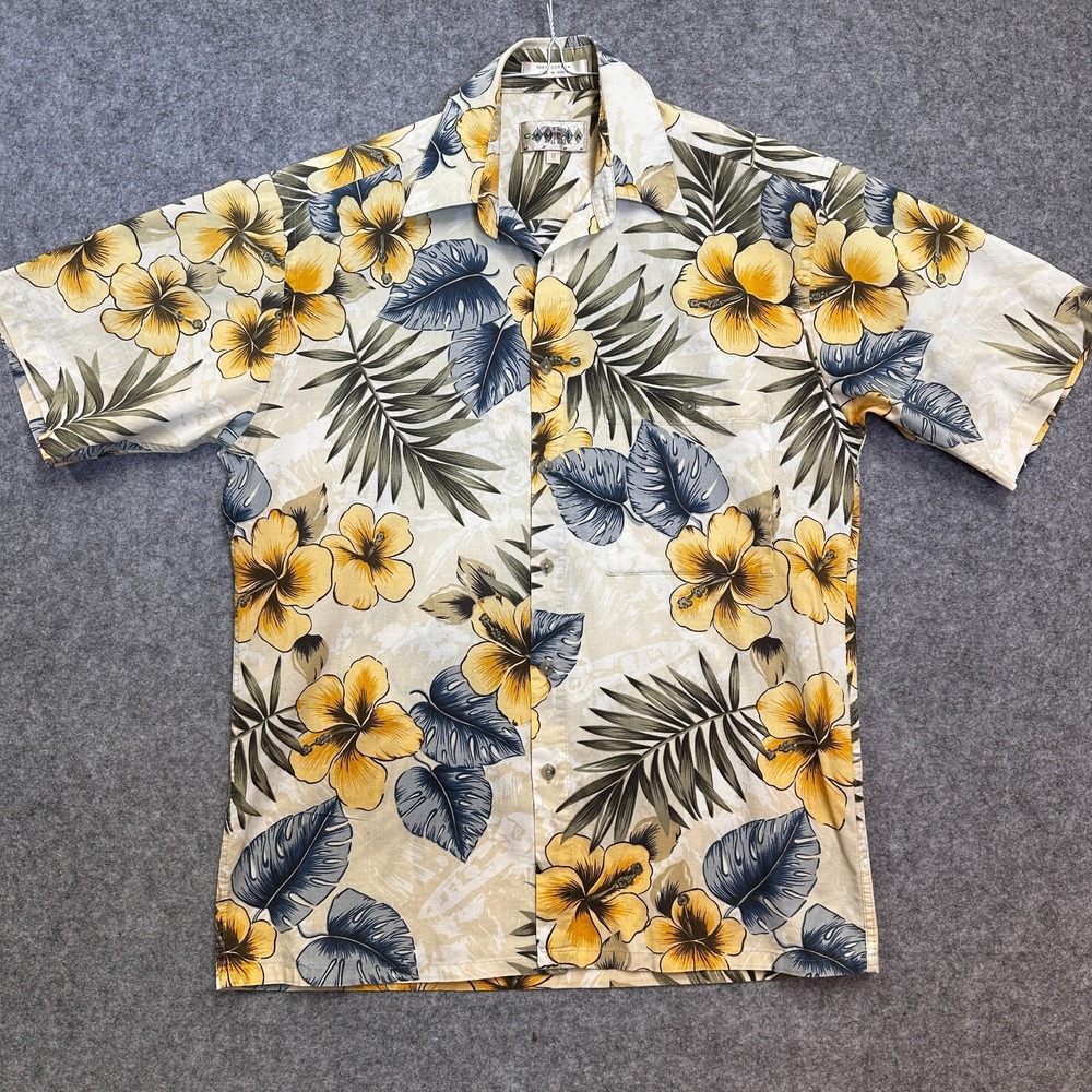Campia Moda Hawaiian Aloha Shirt Men's S Yellow Hibiscus Vintage 90s - Y2K - Picture 2 of 8